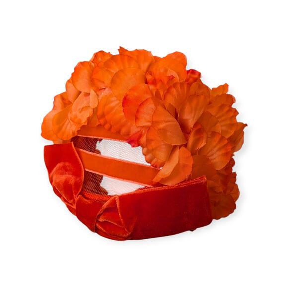Vintage Velvet & Silk Flower Caged Half Hat ~ Bright Orange Bridal Formal Bow - Picture 8 of 11